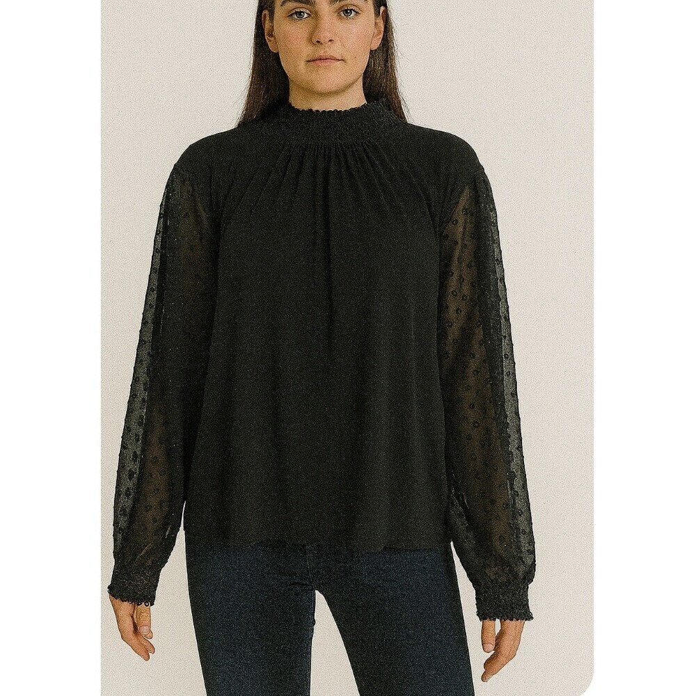 J. Crew blouse black mock neck swiss dot sleeves semi sheer Classy career SZ 2XL